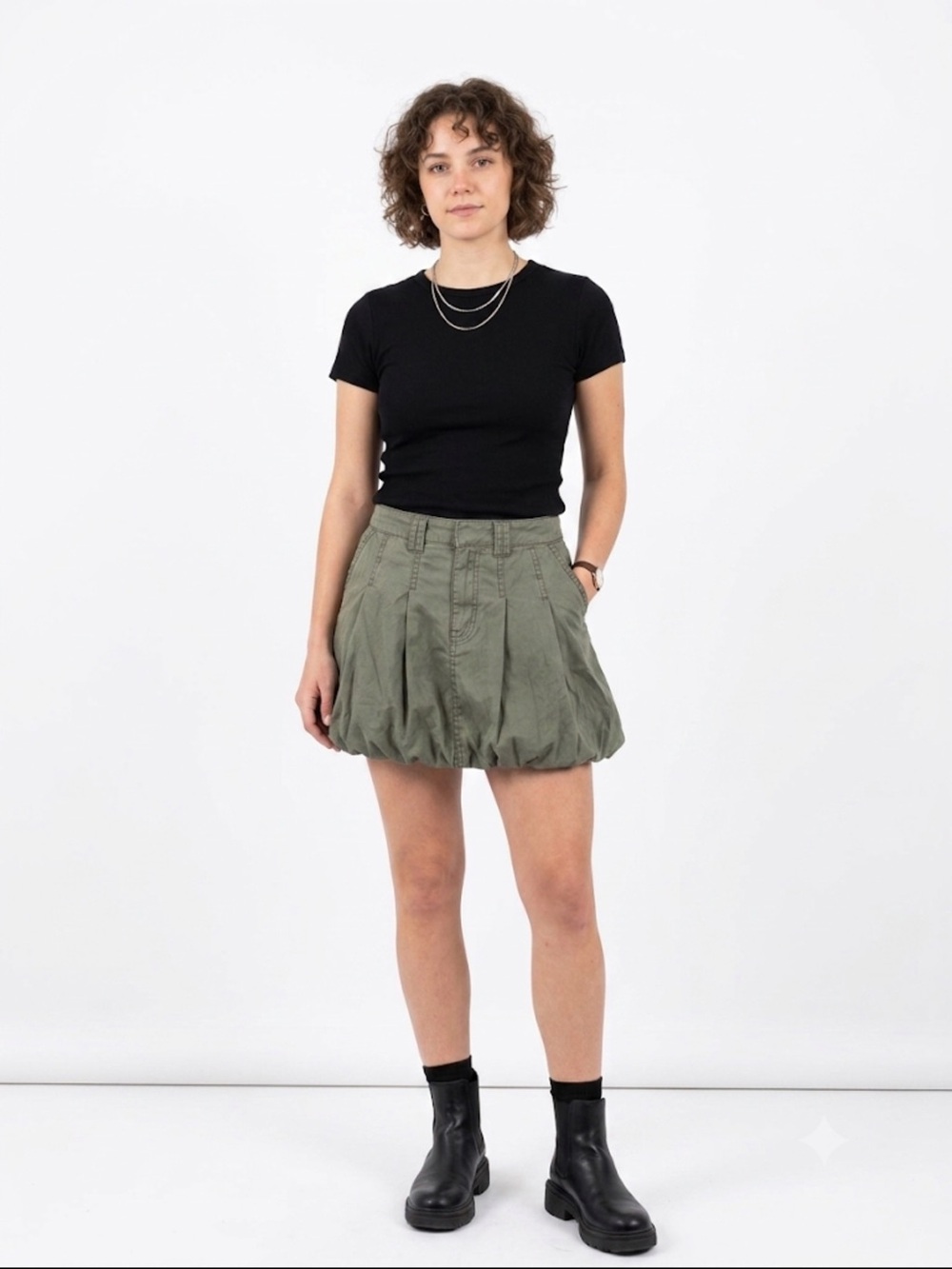 NWT Witty Fox Olive Green Bubble Hem Utility Mini Skirt Size 1/25
